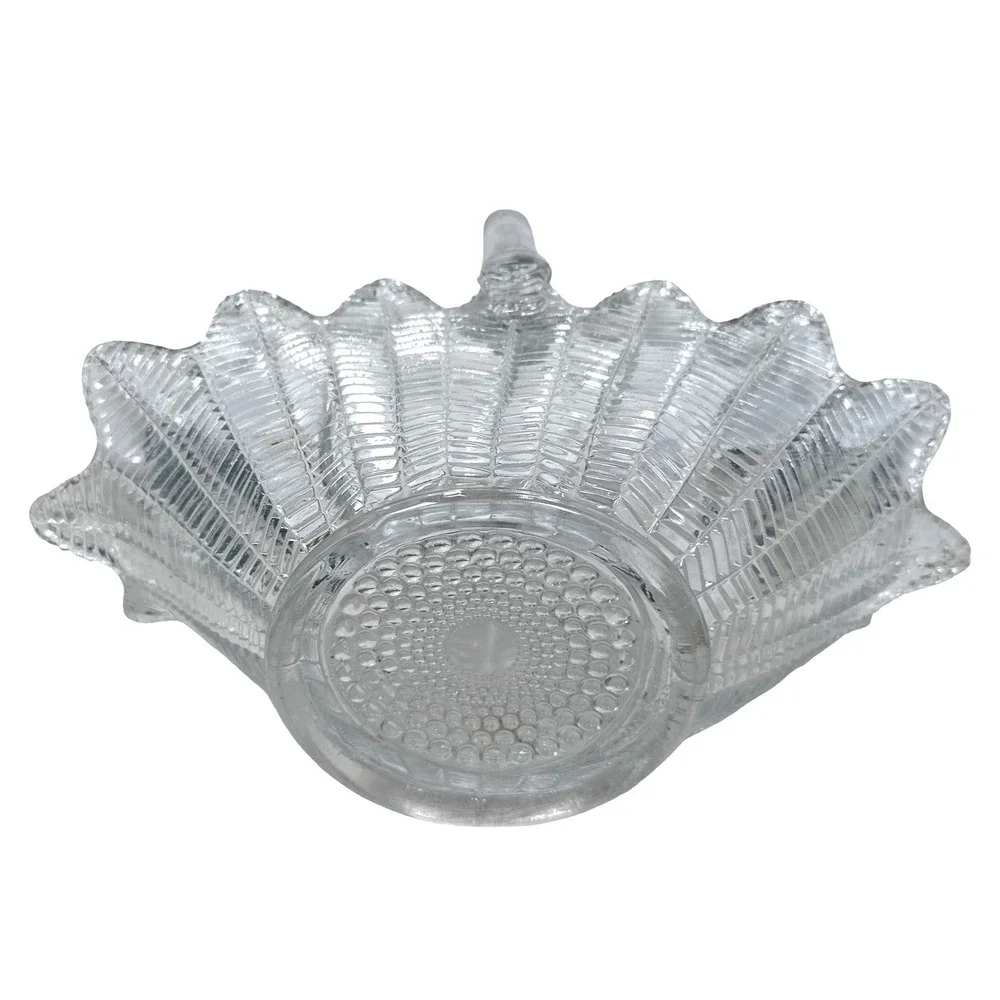LE Smith Clear Glass Feather Pattern Basket Scalloped Edge Applied Handle 10.5in